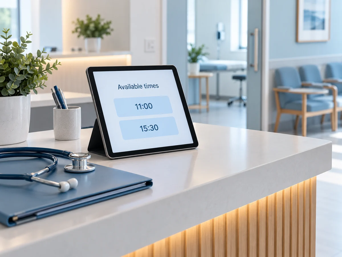 Clinic reception desk with consultation times