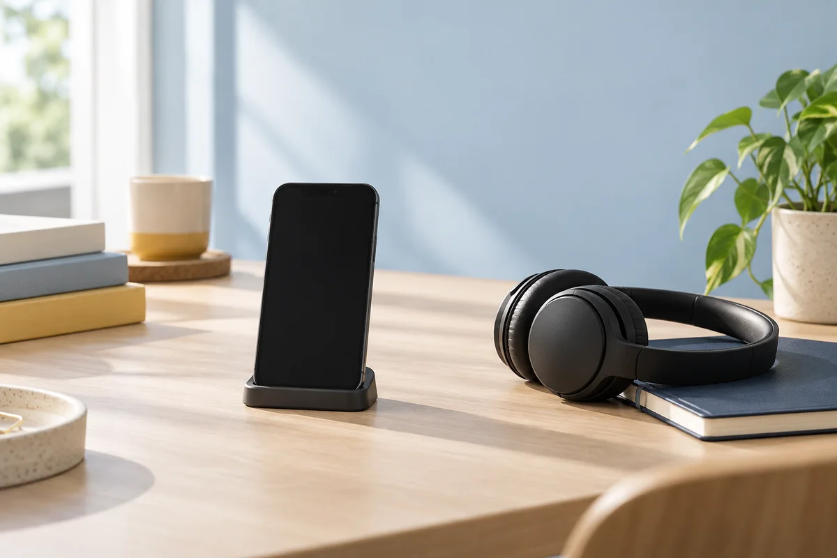 Phone, headset and course books on a quiet consultation desk
