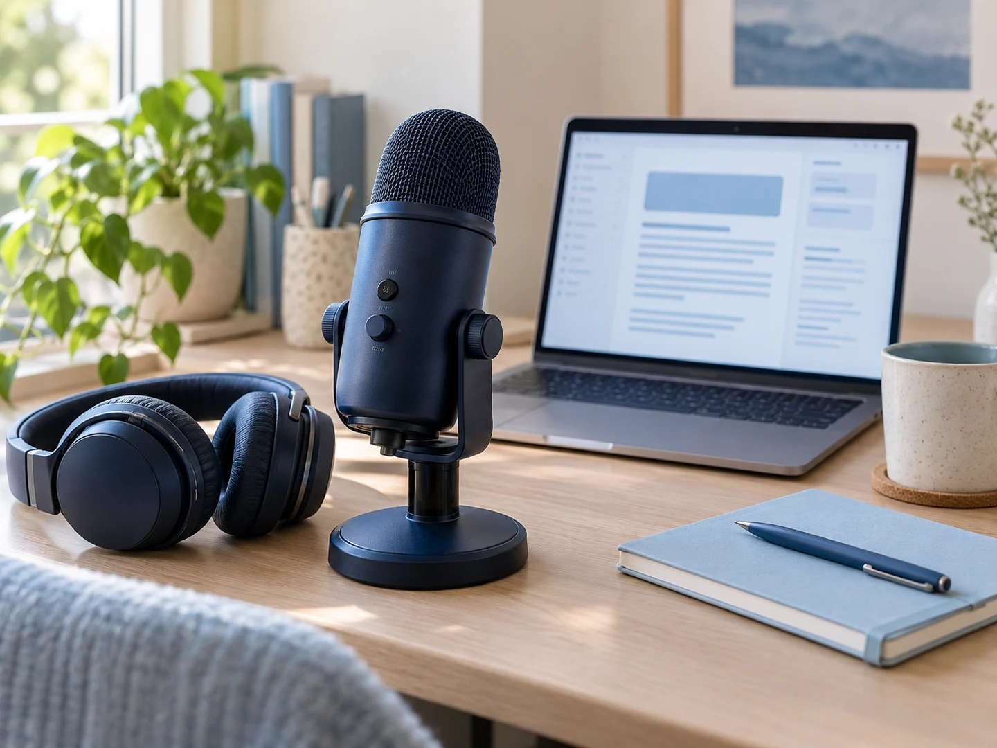 A microphone, headphones and a laptop prepared for creating a newsletter and sharing recommendations.
