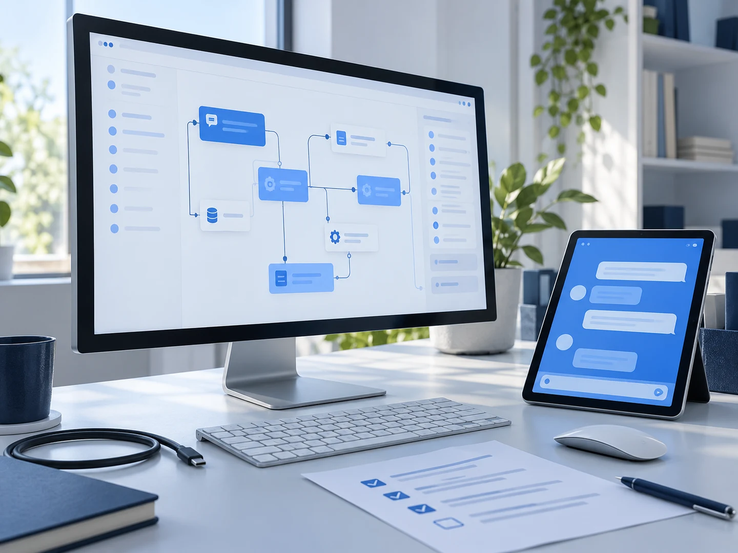 A monitor with a workflow diagram, a chat tablet and a setup checklist in a specialist workspace.