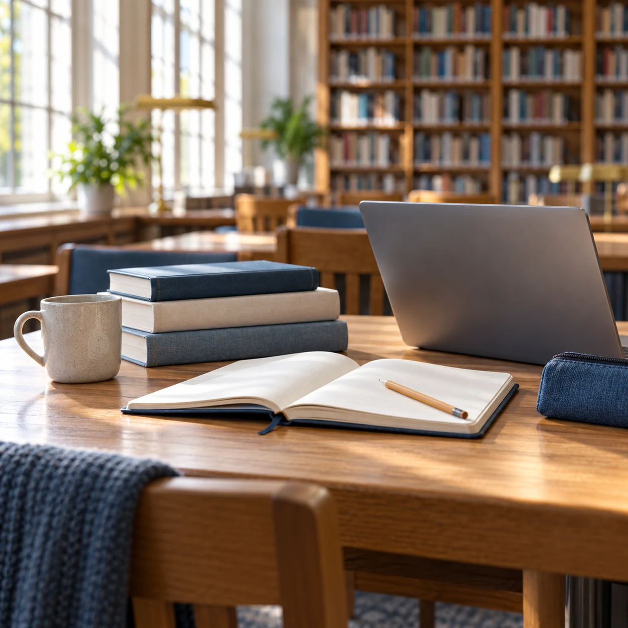 University library study desk with books and a laptop