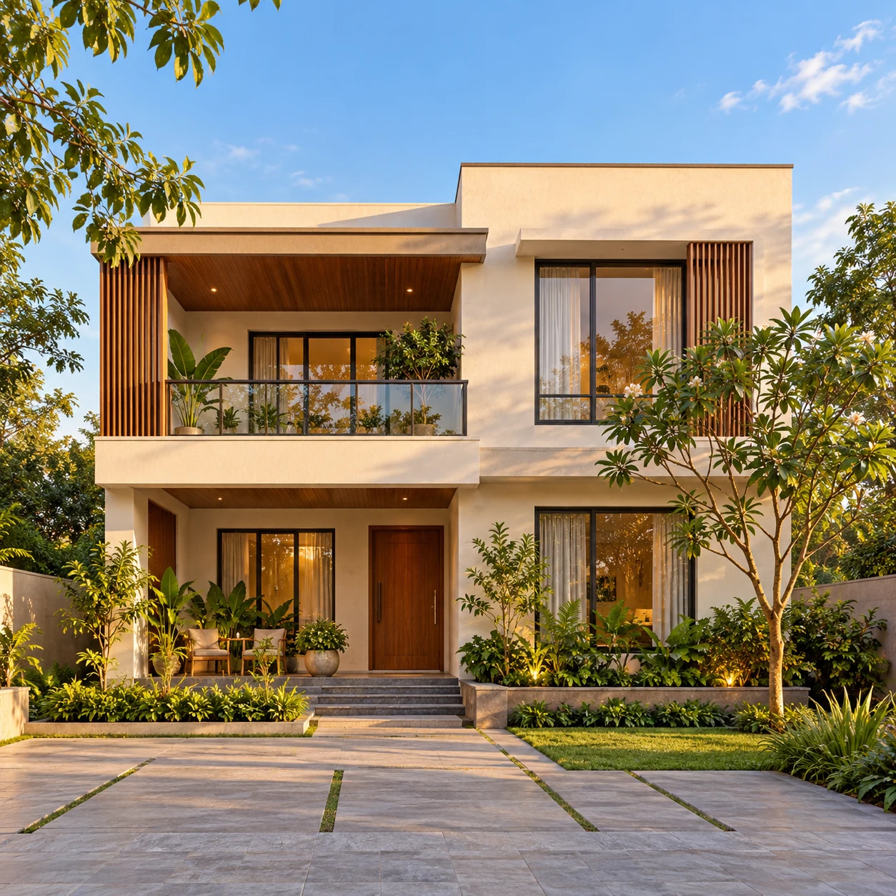 Illustrative contemporary home with a landscaped courtyard