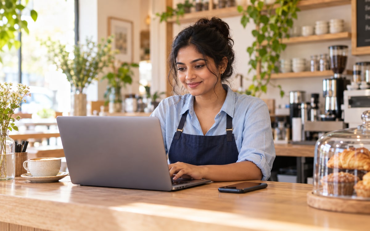 Business owner setting up an AI agent on a laptop